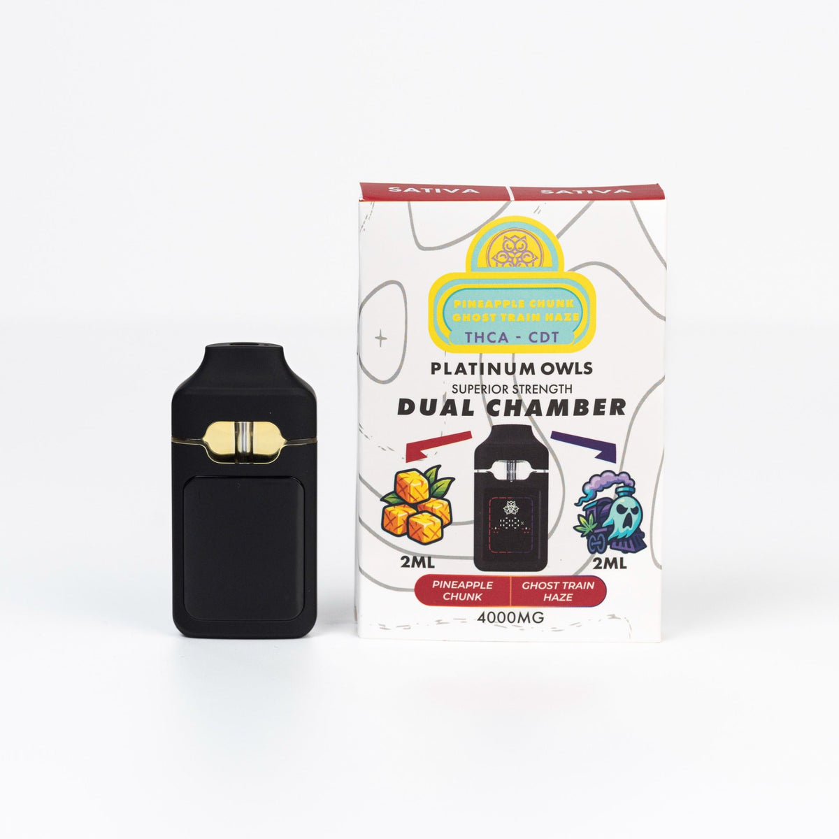 Platinum Owls Pineapple Chunk & Ghost Train Haze 4ml dual chamber THCA vape Ireland