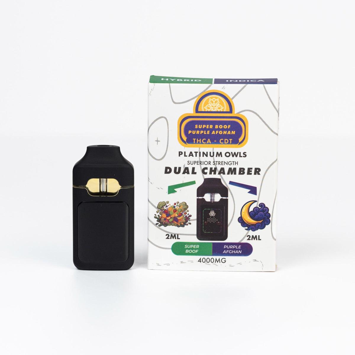 Platinum Owls Super Boof & Purple Afghan 4ml dual chamber THCA vape Ireland